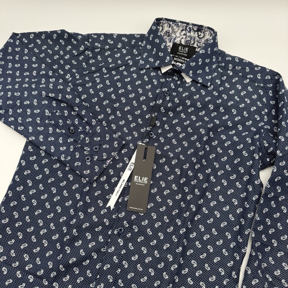 Elie Balleh Women's 14 Milano Italy Collection Navy Blue Paisley Button Up Shirt